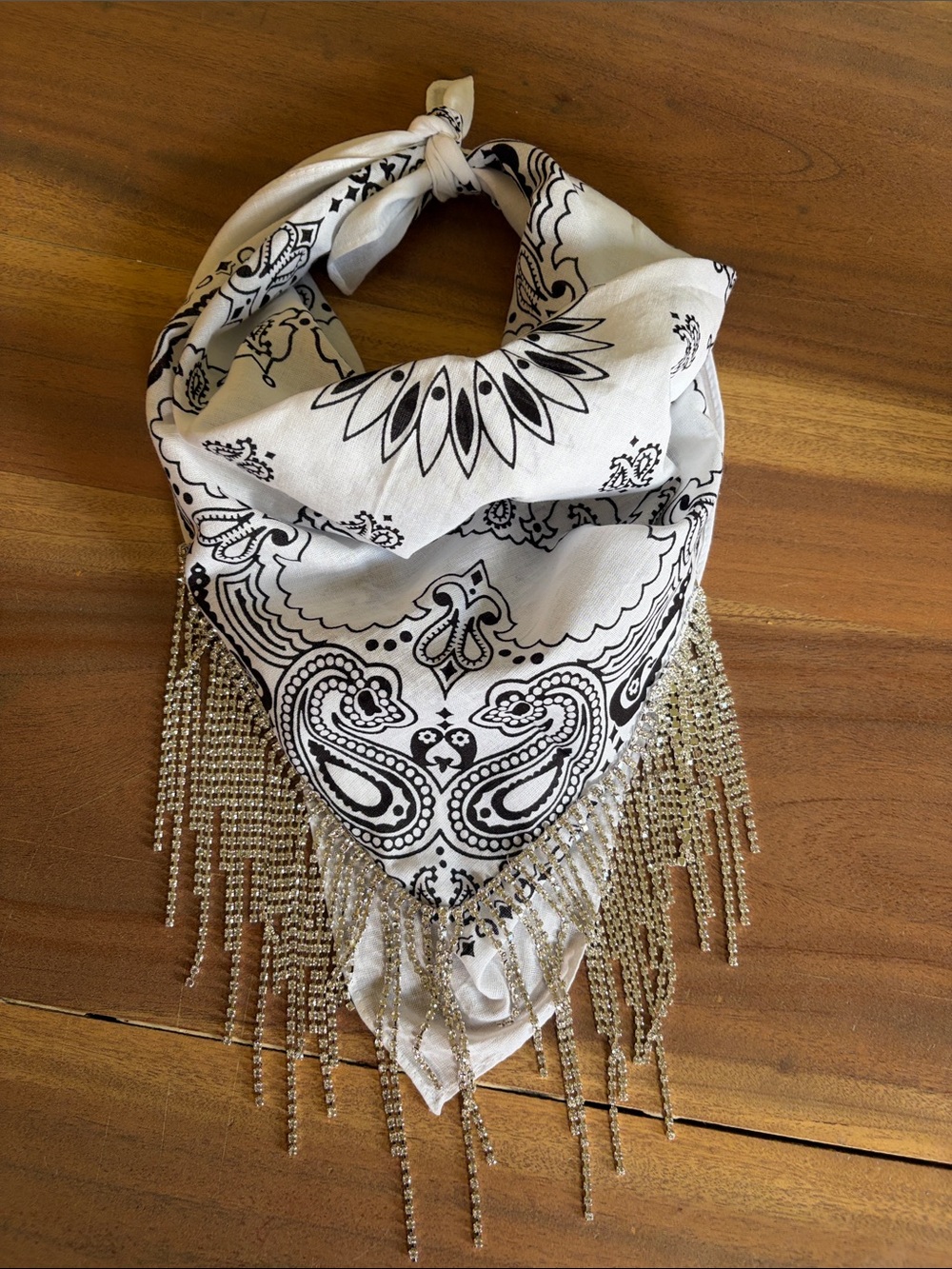 Rhinestone Fringe Bandana - White & Black Paisley Print